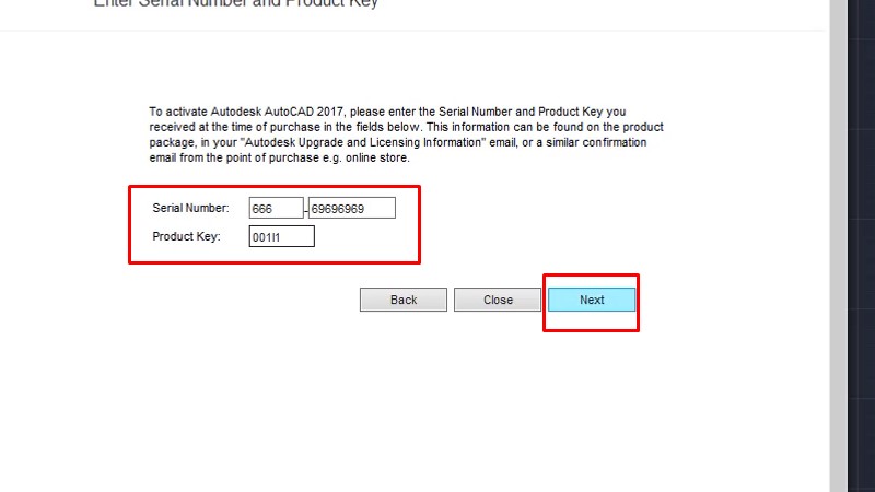 Tải AutoCad 2017 Và Hướng Dẫn Setup Chi Tiết 21 Nhập Serial Number: 666-69696969, Product key: 001I1, và bấm Next