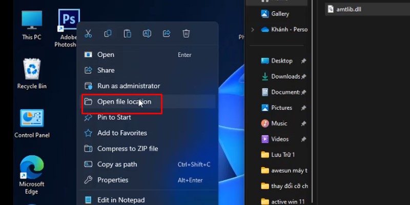 kích vào icon photoshop cs6 và bấm chuột phải chọn như hình