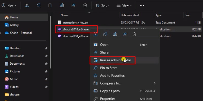 Chuột phải vào file theo hệ điều hành và chọn Run As Admin