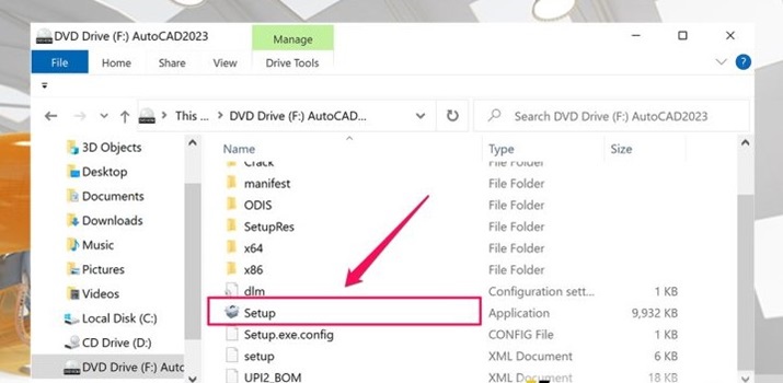 Vào ổ đĩa ảo, nhấp đôi file Setup để bắt đầu cài đặt AutoCAD 2023