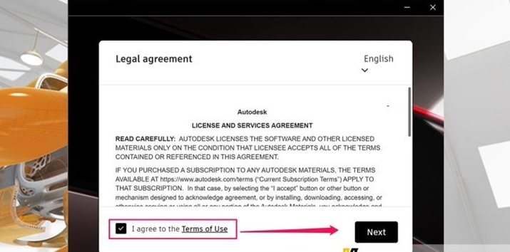 Chọn "I agree to the Terms of Use" rồi nhấn Next để tiếp tục