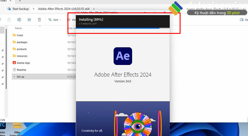 Đợi Installing After Effects 2024 đủ 100%