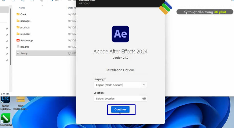 Tiến hành chọn Continue tiếp tục cài After Effects 2024.