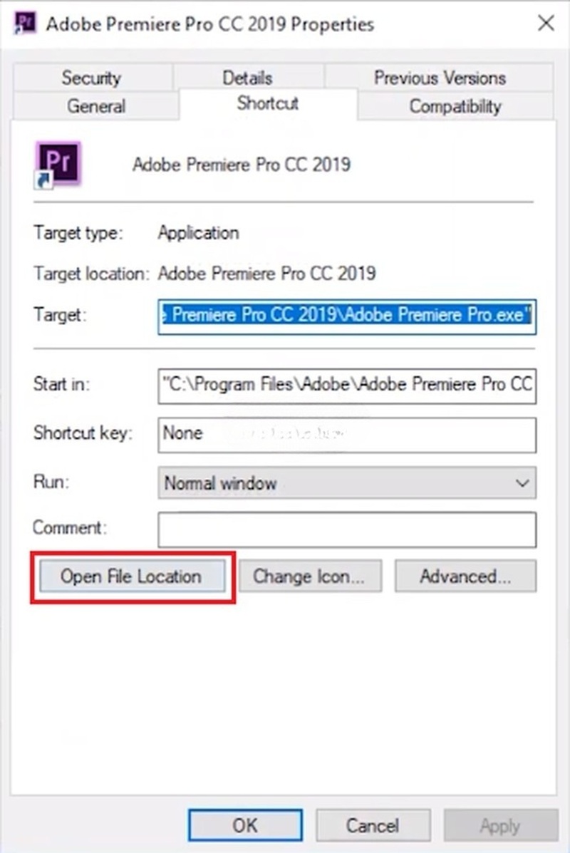 Nhấn “Open File Location” để mở thư mục Adobe Premiere 2019 Nhấn “Open File Location” để mở thư mục Adobe Premiere 2019